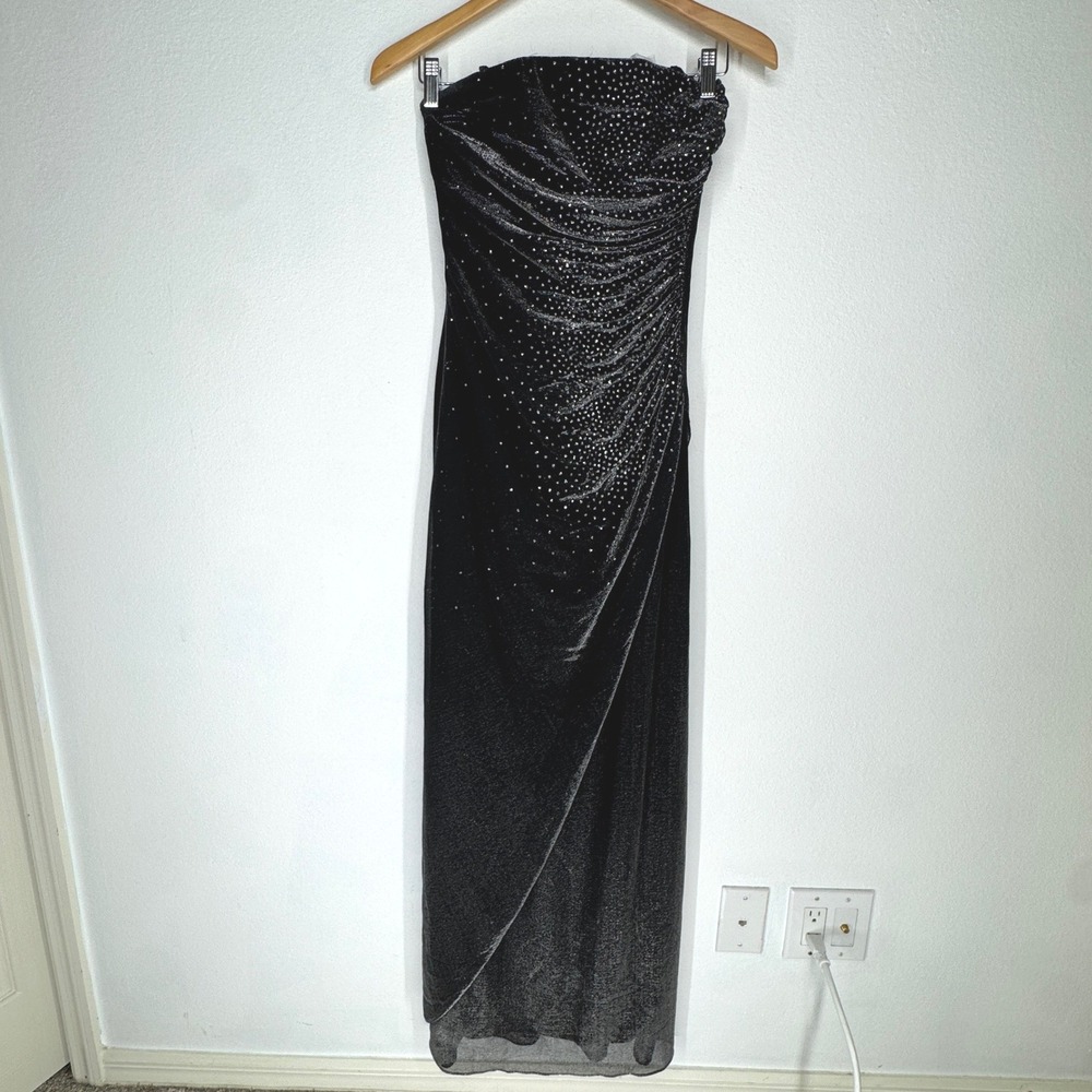 Vintage‎ Jump Apparel Y2K Evening Metallic Glitter Strapless Maxi Dress 4 Ruched